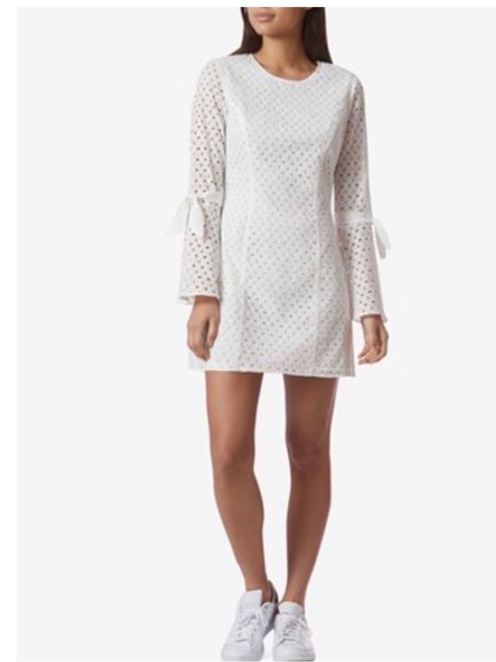 Avec Les Filles White Eyelet Tie Bell Sleeve Cotton Mini Dress Medium EUC